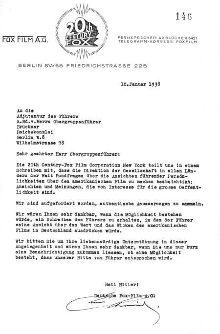 Letter from 20th Century Fox’s Berlin office in 1938 addressed to Adolf Hitler’s adjutant, signed “Heil Hitler!”