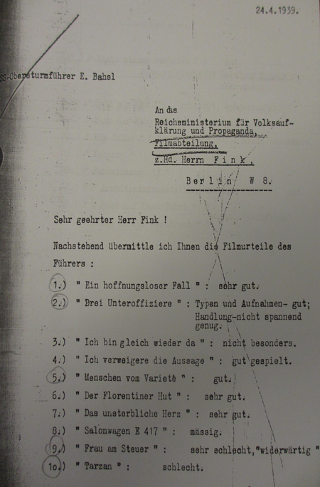 Scanned document from 1939 showing Adolf Hitler’s verdict on the film Tarzan as “bad [schlecht]”