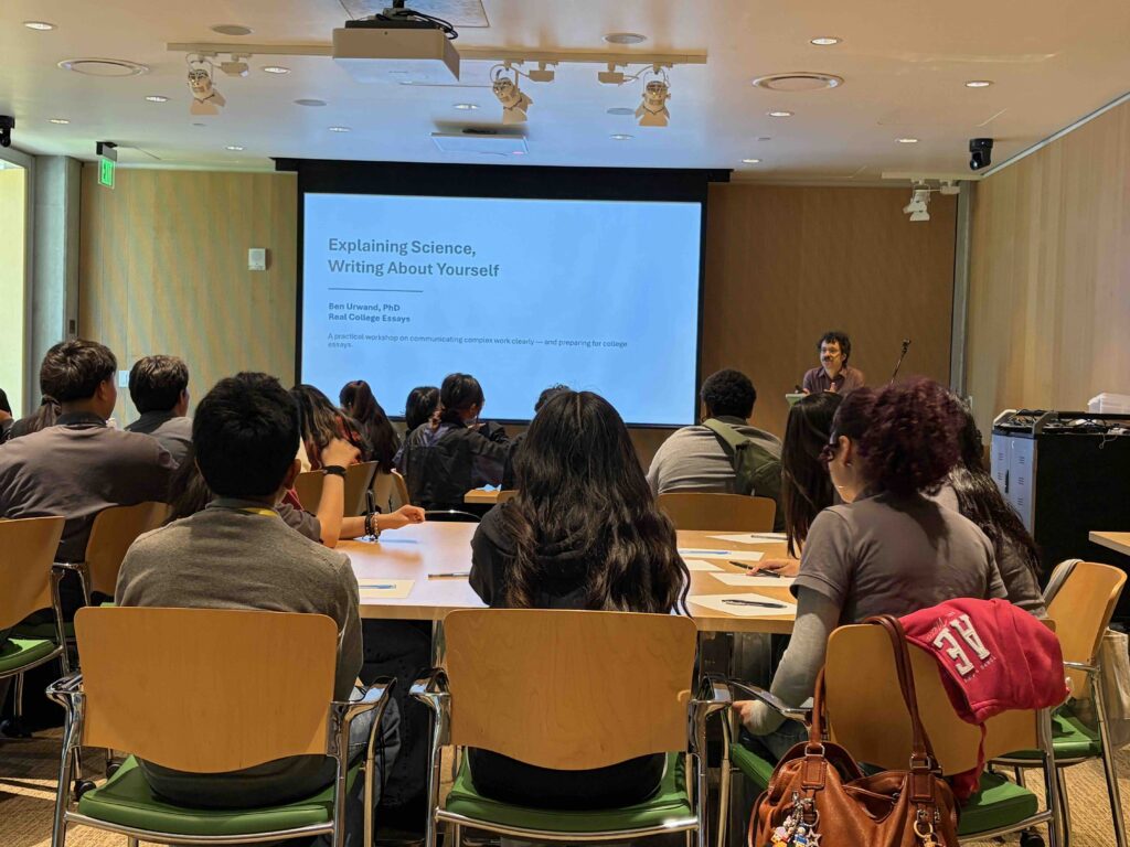 Ben Urwand leading a science communication and college essay workshop for high school interns at the California Academy of Sciences.